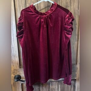 Burgundy Velvet Velour Balloon Sleeve Shirt Size Large